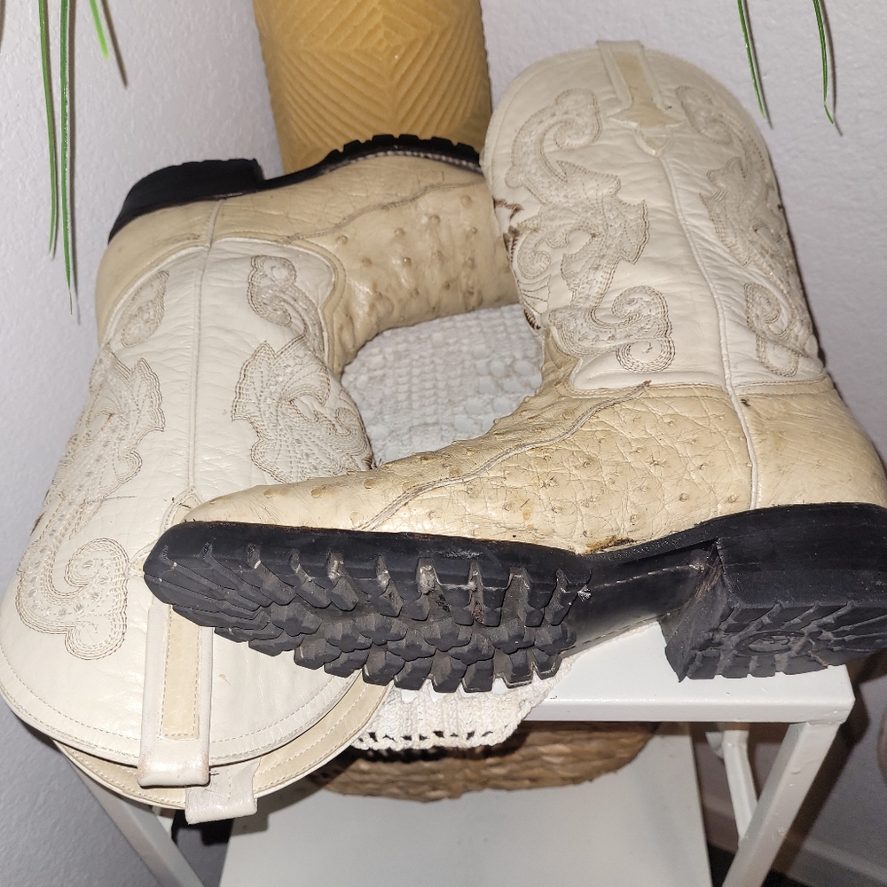 PISTOLERO Cream Ostrich Leather Cowboy/Cowgirl Boots Embroidery Size W9 Men 6 - Picture 7 of 13